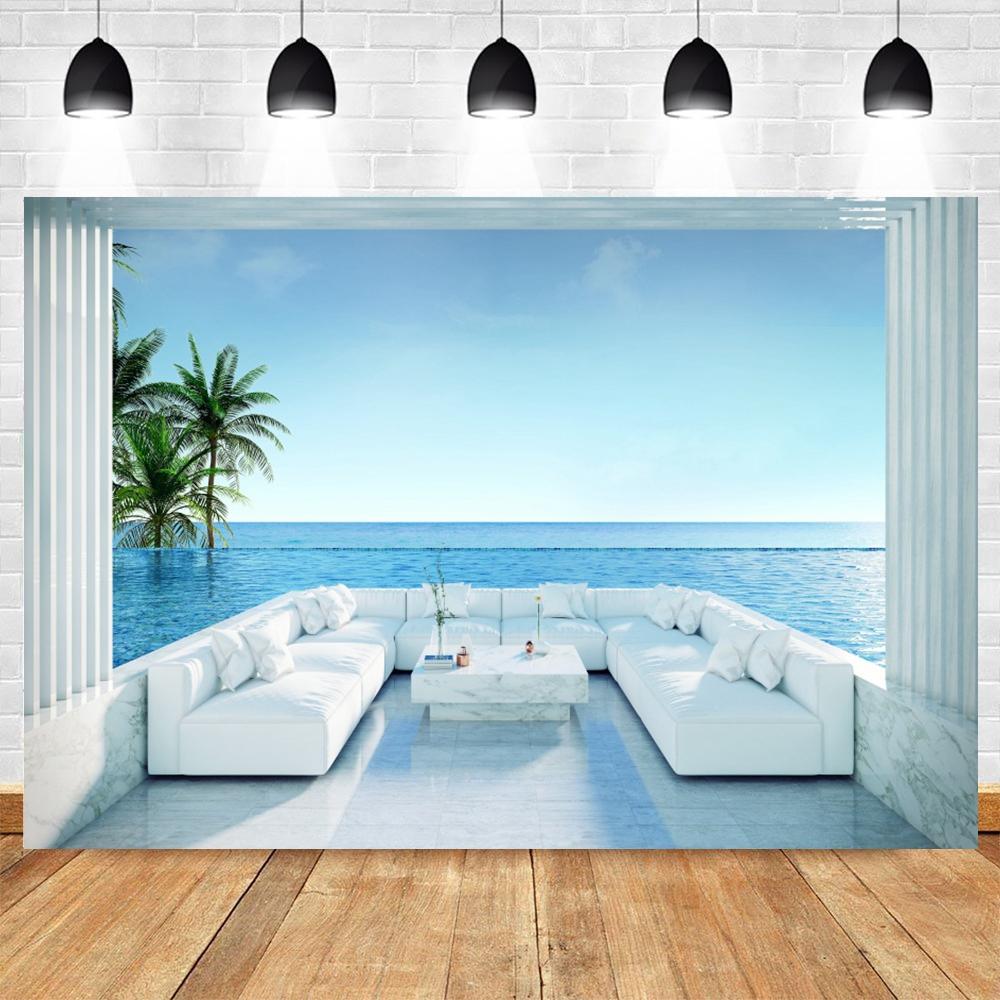 Summer Seaside Tropical Beach Balcony View Backdrop Palm Trees Mountain Wedding Party Portrait Photography Background Photo Prop