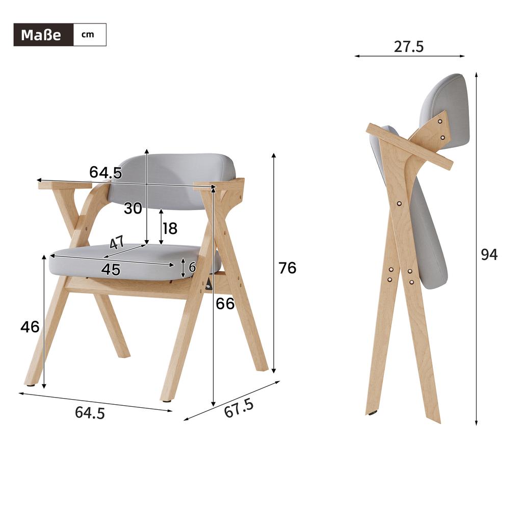 4 Foldable Dining Chairs, Solid Wood, Comfortable and Breathable, Suitable for Dining Room, Living Room, Café, Modern Style, Linen, Grey