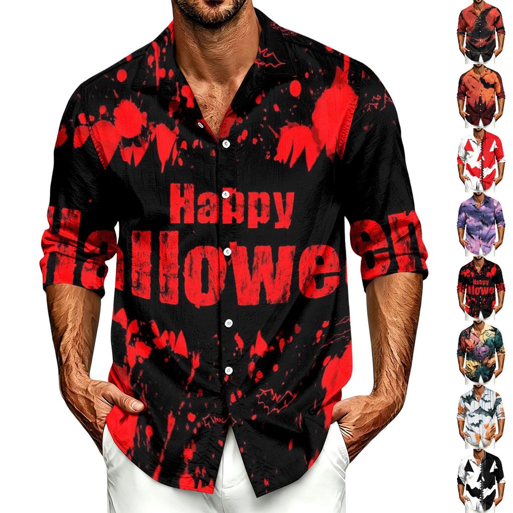 Men's Long Sleeve Casual Shirt with Halloween Print for Spring and Fall