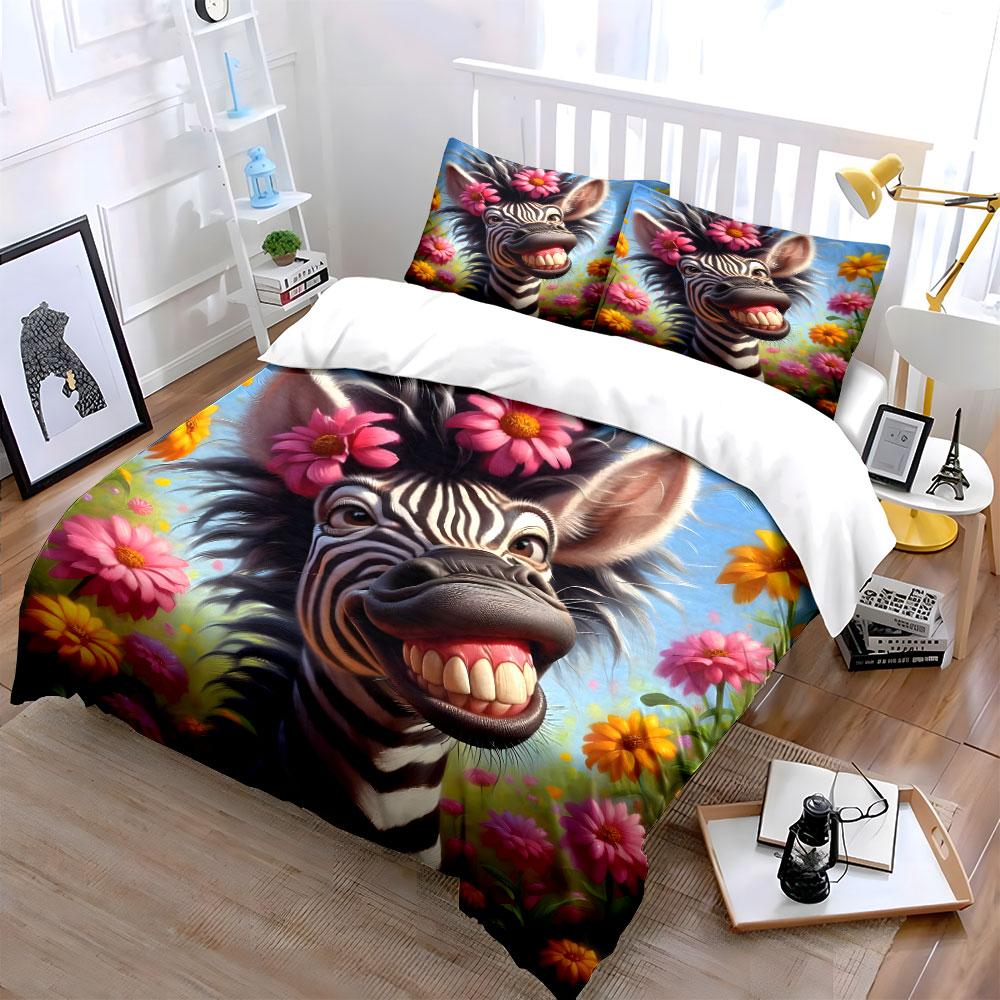 Colorful Zebra In Floral Bliss Exquisite Three-Piece Bedding Set Gift For Kids And Adults
