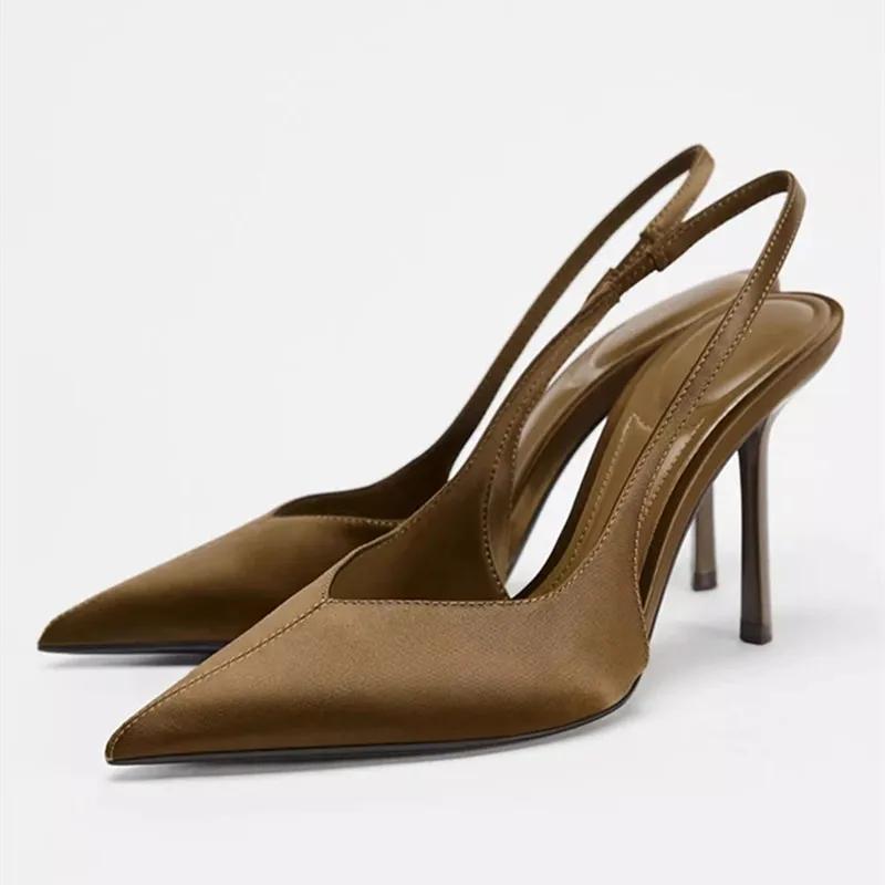Summer Heeled Sandals Elegant Back Strap  Pumps Women Sexy Pointed Toe High Heels Fashion Banquet Dress Shoes cm marrone