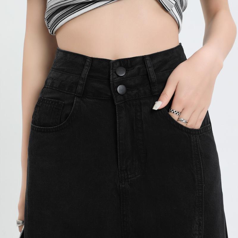 Spring and Summer Silk Denim Skirt for Women In Women's Summer New Black High Waist with Front Slit To Show Temperament