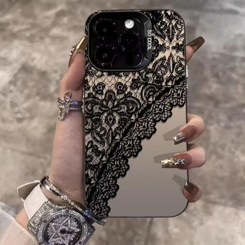 Cross Black Lace Silver Phone Case for Apple 17/16/15 Pro, 14 Pro Max, 13/12 Luxury Series