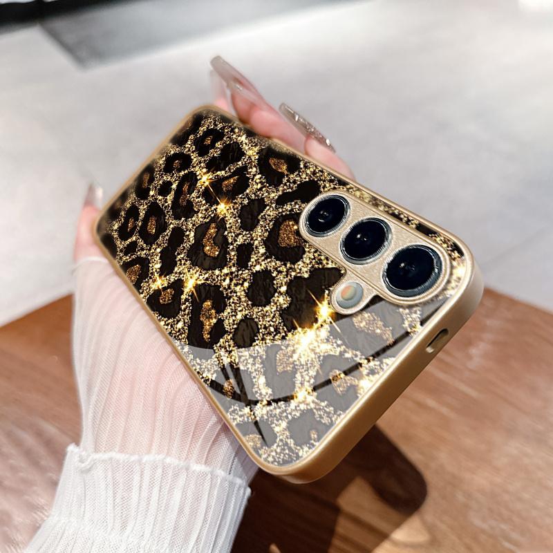 Glitter Leopard Print phone case s26 ultra case glass mobile phones for Samsung Galaxy S26 S25 S24 S23 S22 FE Ultra Plus