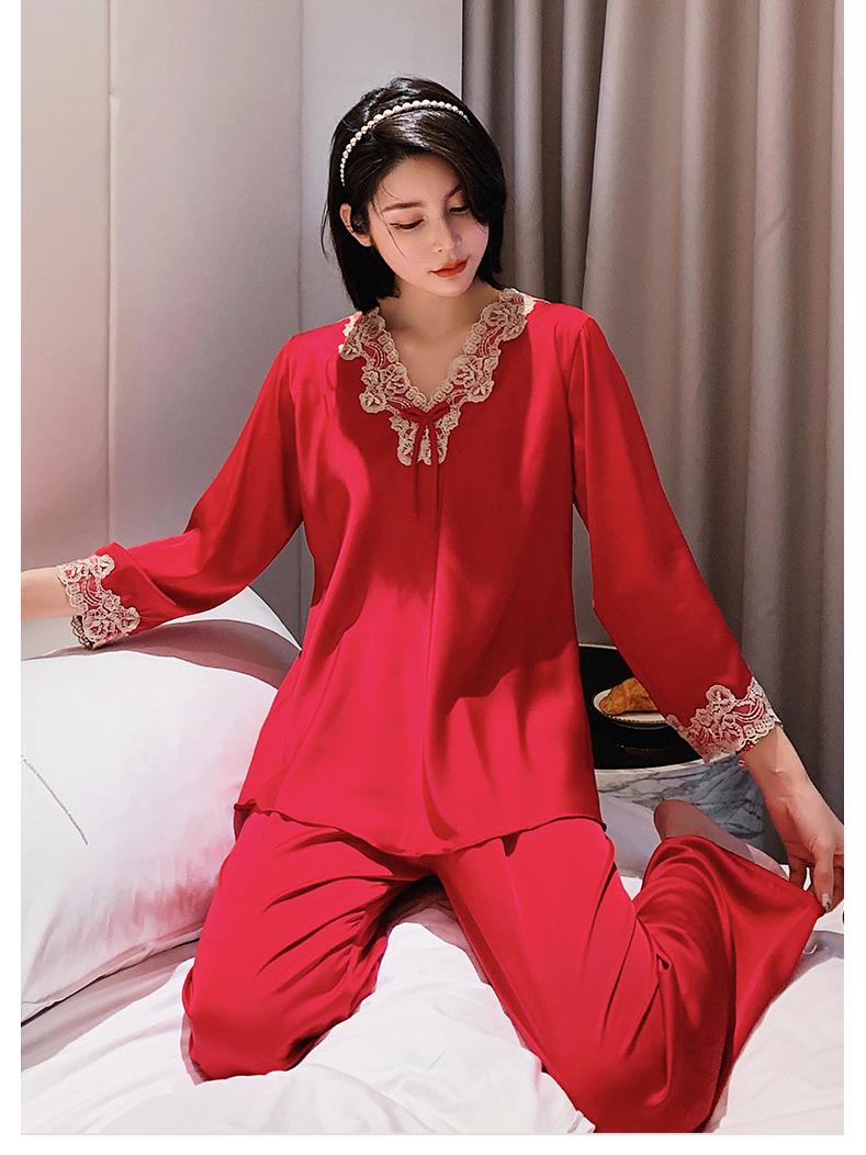 

Жіноча сексуальна піжама з льодяного шовку з довгим рукавом та мереживом - Вільний пуловер для дому на весну та осінь. Extra Large