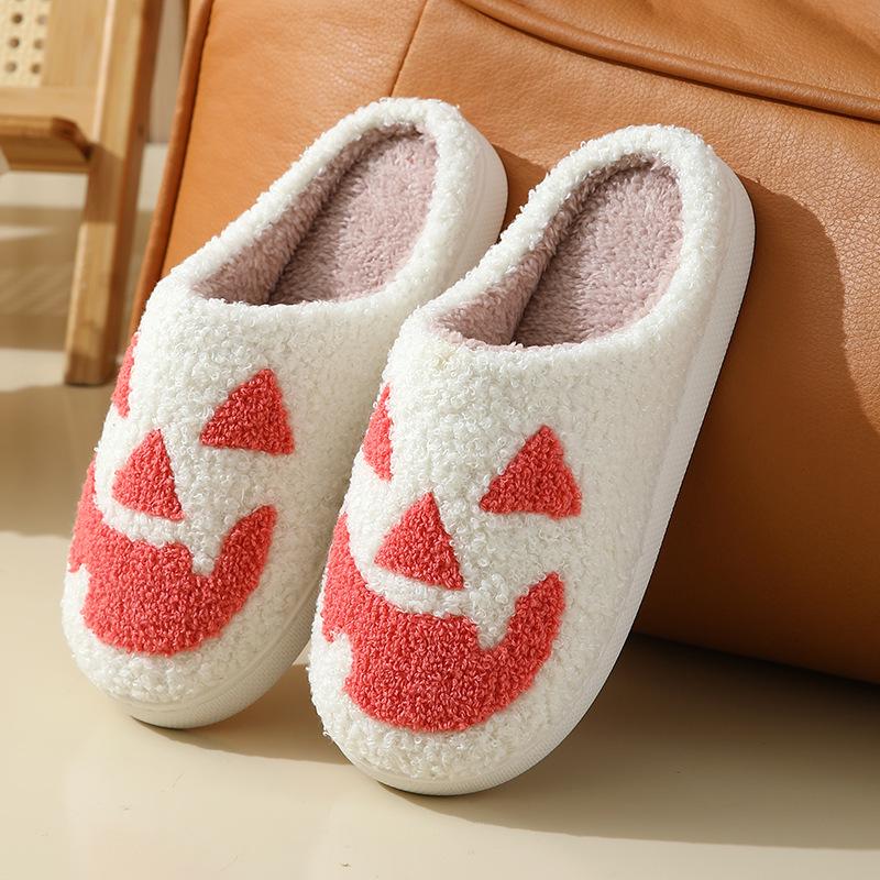 2024 Halloween Cartoon Pumpkin Funny Plush Cotton Slippers: Cute, Thick Bottom, Indoor Winter Footwear