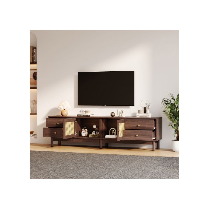 TV Stand - MUVOE - 180 Cm - Dark Wood - 2 Rattan Doors - 4 Spacious Drawers