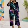 Women Plus Size Round Neck Long Sleeve Colorful Printed Top Wide Leg Pants Two Piece Set