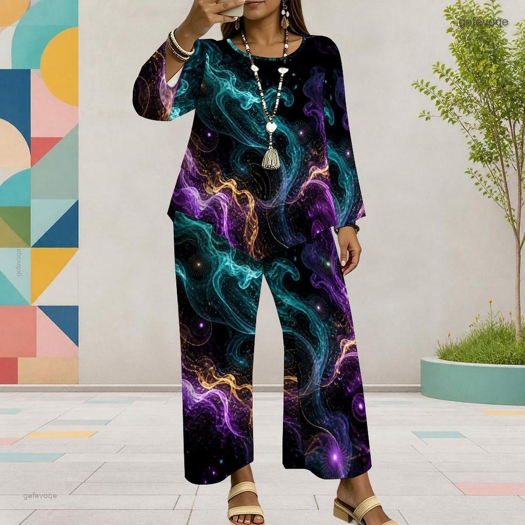 Women Plus Size Round Neck Long Sleeve Colorful Printed Top Wide Leg Pants Two Piece Set