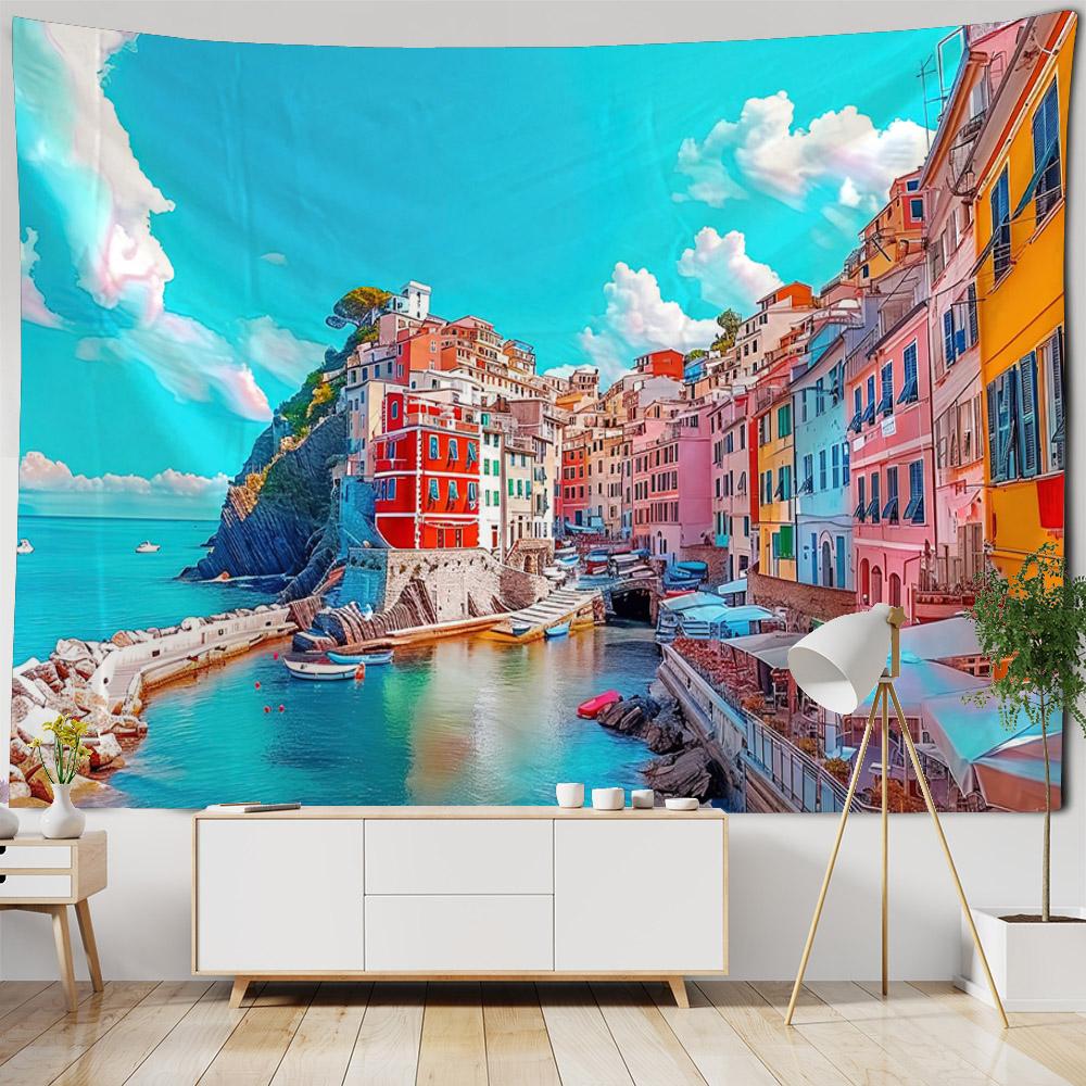 Sea View Oil Painting Printed Tapestry Wall Hanging Living Room Bedroom Wall Decoration Outdoor Picnic Bed Sheets Beach Mats
