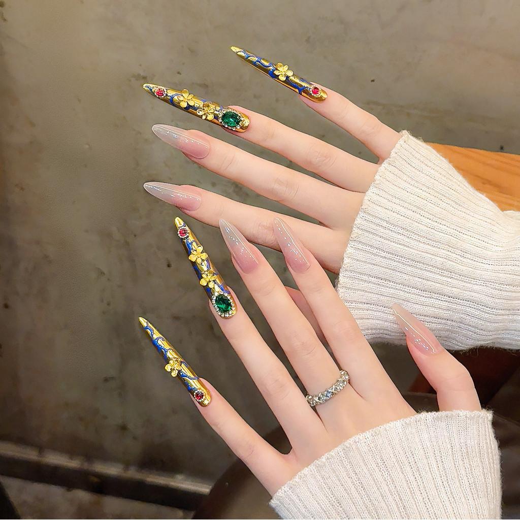 100% HANDMADE  Long Almond Shape GPalace Style Luxury High-End Fake Nail Set With Glue & Box Ruby And Emerald Gold Press On Nails