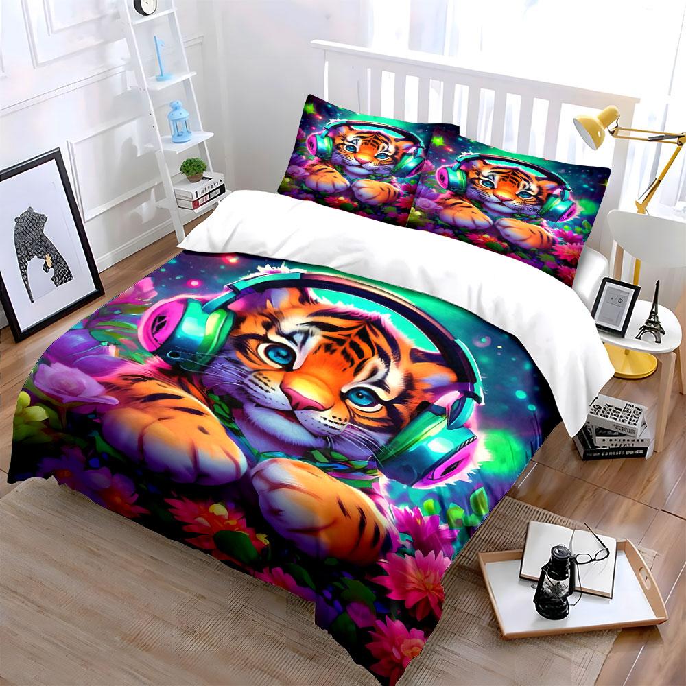 Tiger wearing vibrant headphones. Bedding sets Duvet cover sets Duvet covers Pillowcases(1 * Duvet Cover 2 * Pillowcases without duvet insert)