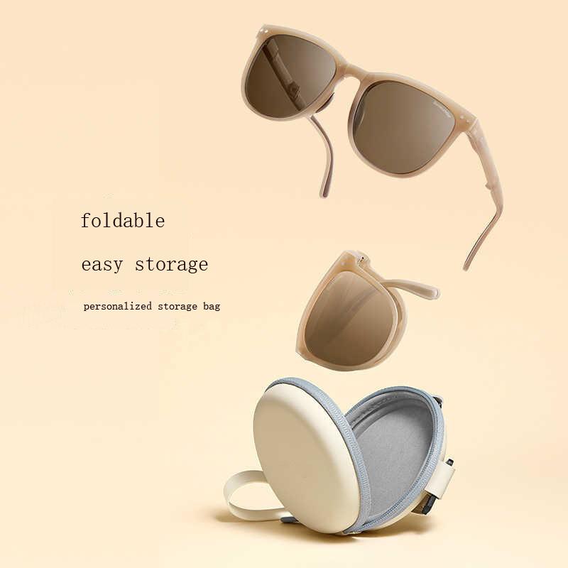 Folding Eyeglasses Case Round Storage Bag Portable Leather Zipper Pouch Travel Sunglasses Reading Eyeglasses Compact Storage Bag