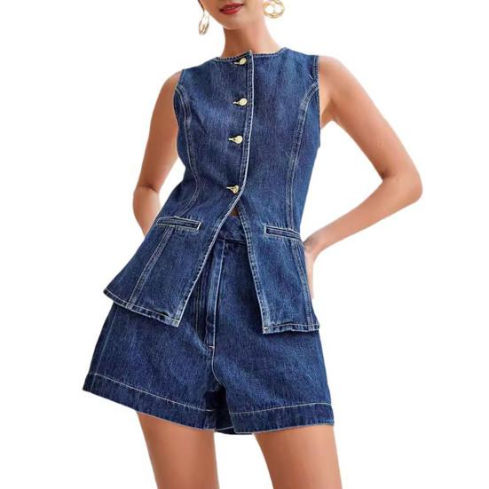 Women Vest Shorts Sleeveless Single-breasted Split Hem Round Neck Buttons Slim Fit