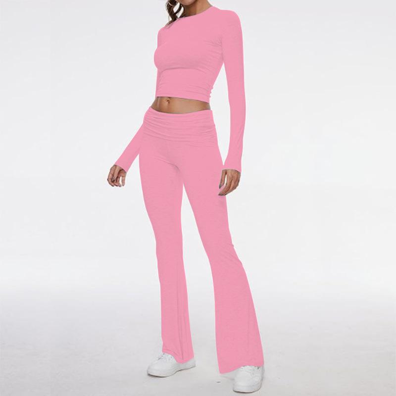 Damen Freizeit Zweiteiler Set Langarm Rundhals Crop Top Hohe Taille Schlaghosen Gestrickt Einfarbig Loungewear Passendes Outfit Set