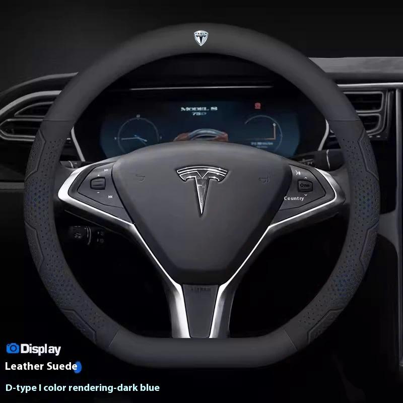ALM1 Tesla Model 3 Y S Model X Roadster Car Carbon Fiber Suede Leather Anti-slip Breathable Car Steering Wheel Cover Auto Accessories