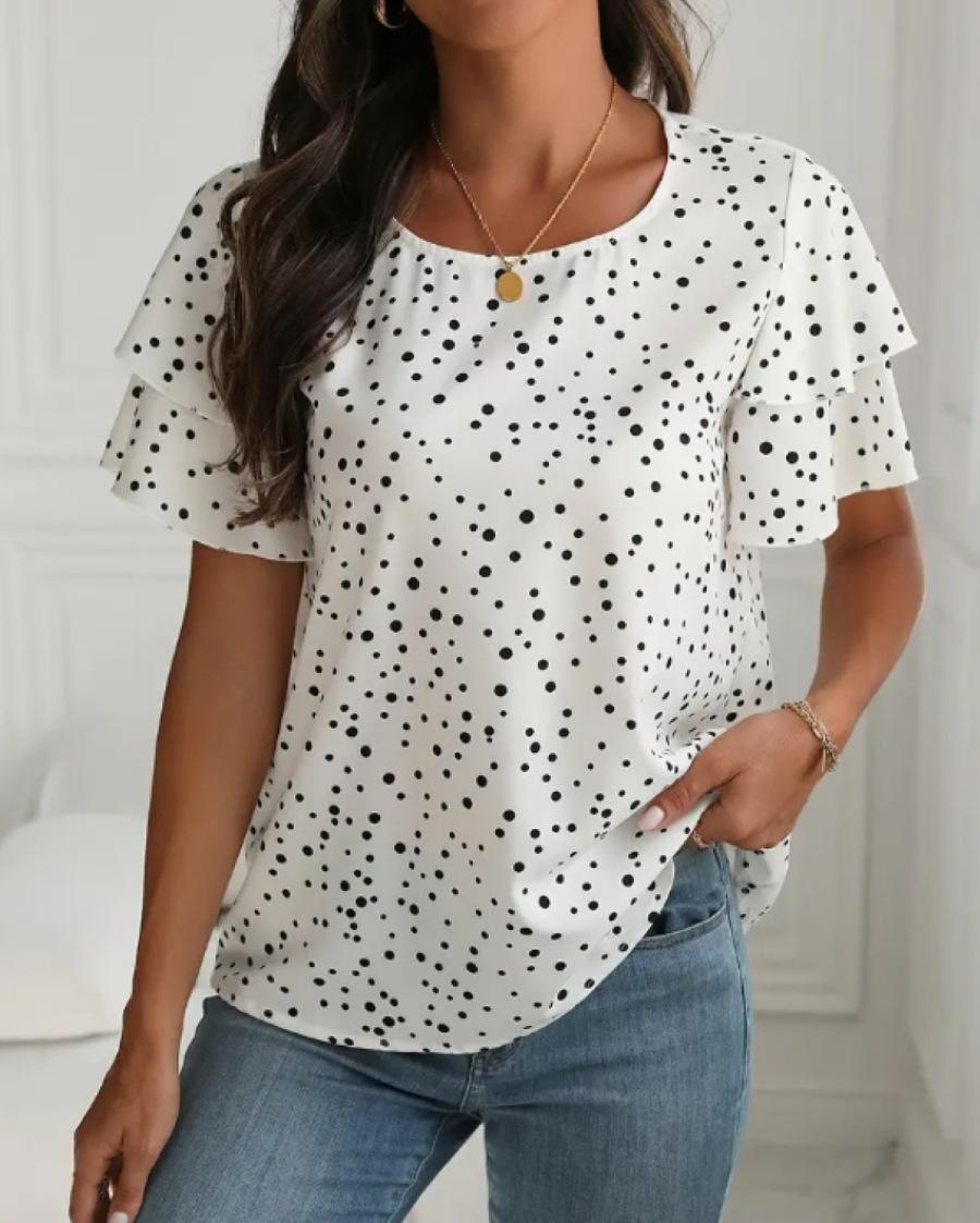Plus Size Women S Polka Dot Print Short Sleeve Ruffle Sleeve T Shirt 1XL