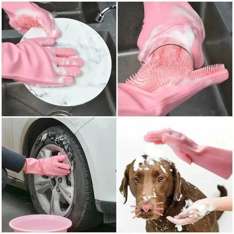 Silicone rubber sponge scrubber gloves multi-purpose household pet grooming dishwashing gentle clean daily use cleaning gloves