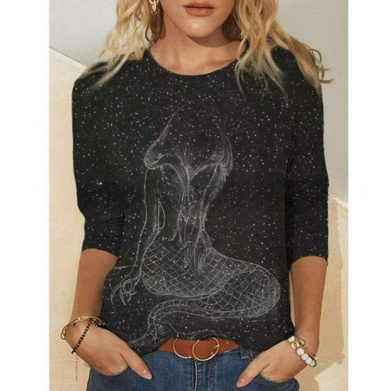 Round Neck Printed Long Sleeved Fashion Casual Top T-shirt for Women Shirt