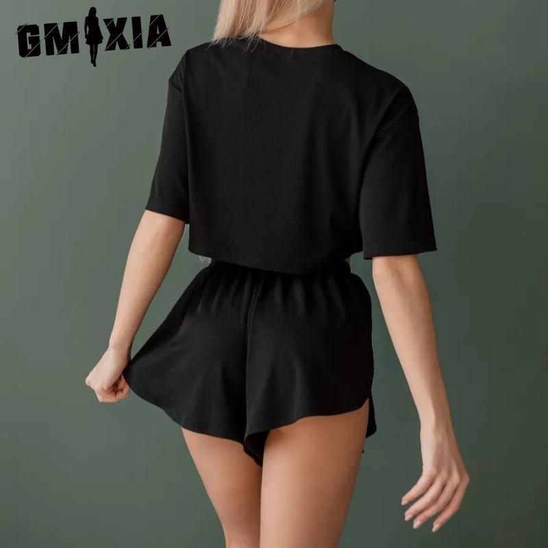 GMXIA Homewear Pit Stripe O-neck Casual Pajamas Women's Wearable Short-sleeved Shorts Two-piece Set