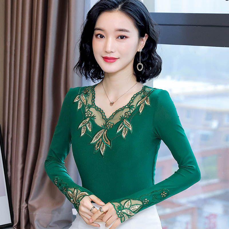 

Элегантный кружевной топ с длинным рукавом для женщин, весна-осень, облегающая прозрачная сетчатая блузка, модная внутренняя одежда 4XL зелёный