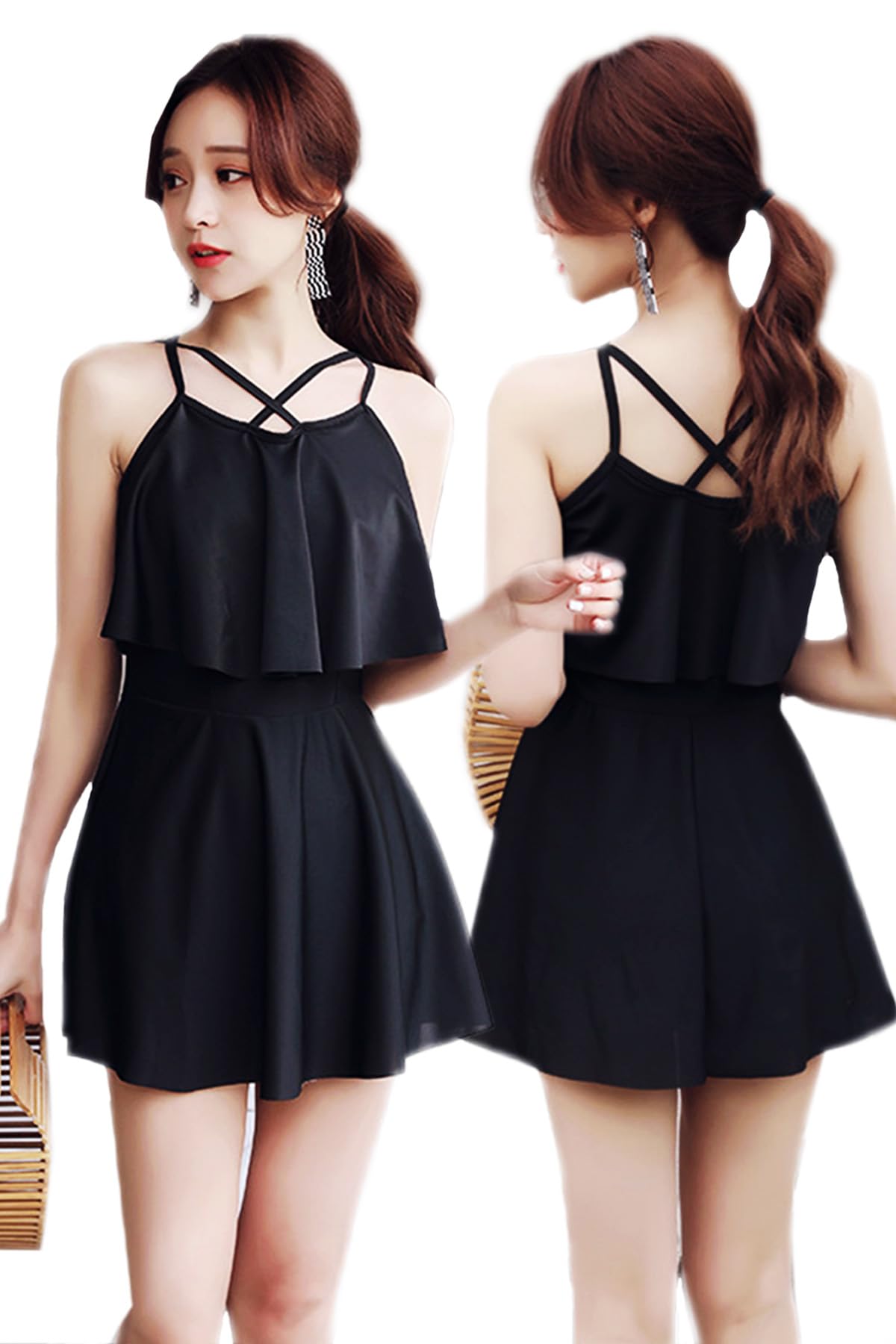 

SORAmood Women s One-Piece Swimsuit, Off-the-Shoulder, Wireless, Padded, Black, A-Line, Flared Skirt (Sizes M-XL)