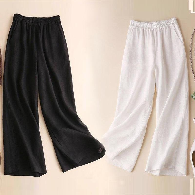Damen Baumwolle Leinen Weitbein Hose Damen Sommerhose Volle Länge Freizeithose Mode Uni Locker Hohe Taille Gerade Hose
