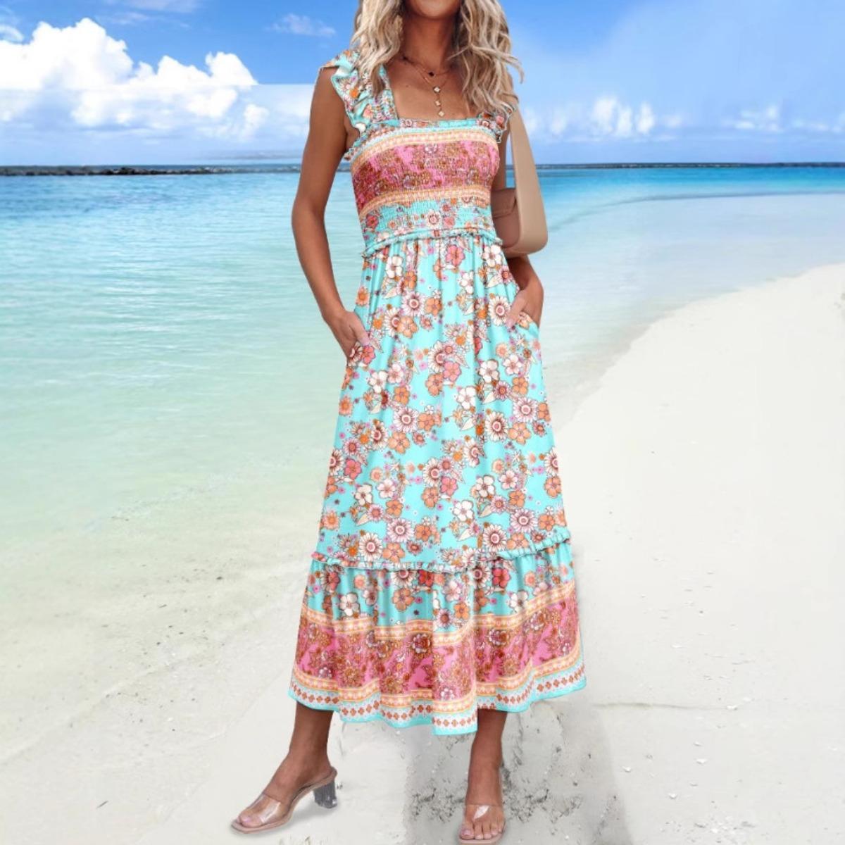 Summer Women s Spaghetti Strap High Waist Vacation Style Dress European American Style Casual Dress For Women Crossborder S