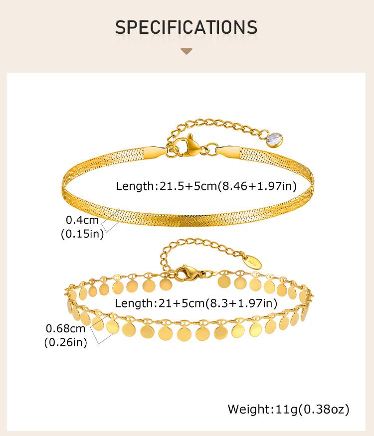 Anklet Set Layered for Women 18K Gold Plated Stainless Steel Flat Snake Chain Round Disk Waterproof Jewelry