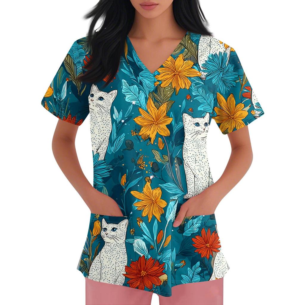 Women's V-neck Printed Short-sleeved Work Clothes With Side-slit Pockets And Uniforms