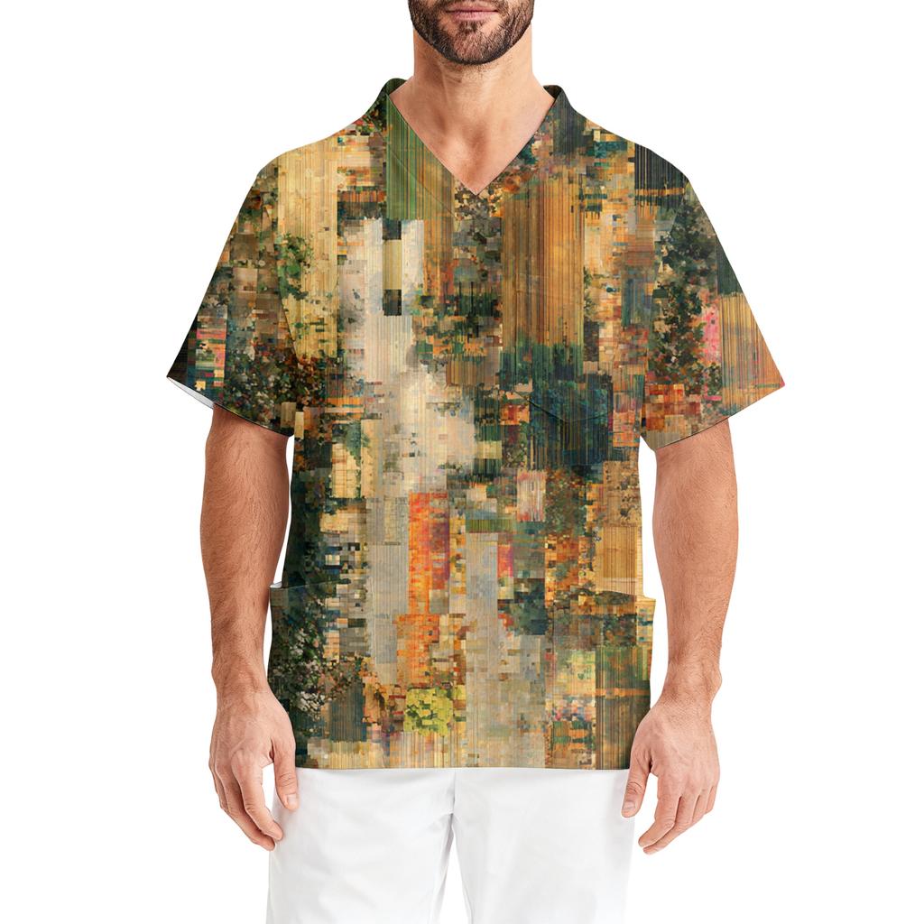 Men's Printing Short Sleeve V,neck Working Blouse Chest Pocket Carer Top