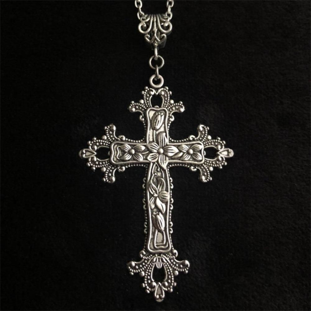 Gothic Victoria Silver Color Lacework Relief Flowers Large Cross Pendant Necklace for Men Women Halloween Punk Jewelry Accessory