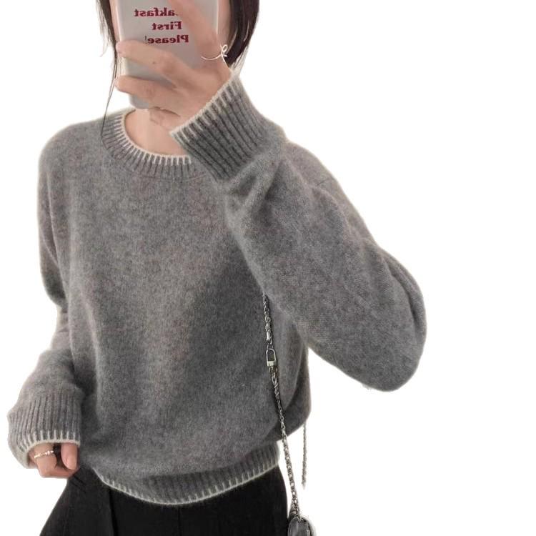 Women's Grey Merino Wool Round Neck Sweater - European Style Cashmere Knit Base Layer for Autumn/Winter