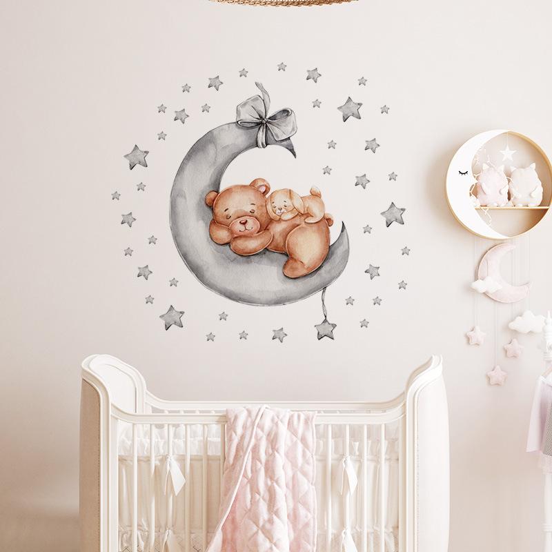 Cartoon Sleepy Bear with Stars and Moon Wall Stickers, Self-Adhesive Decor for Kids Room Background Decoration