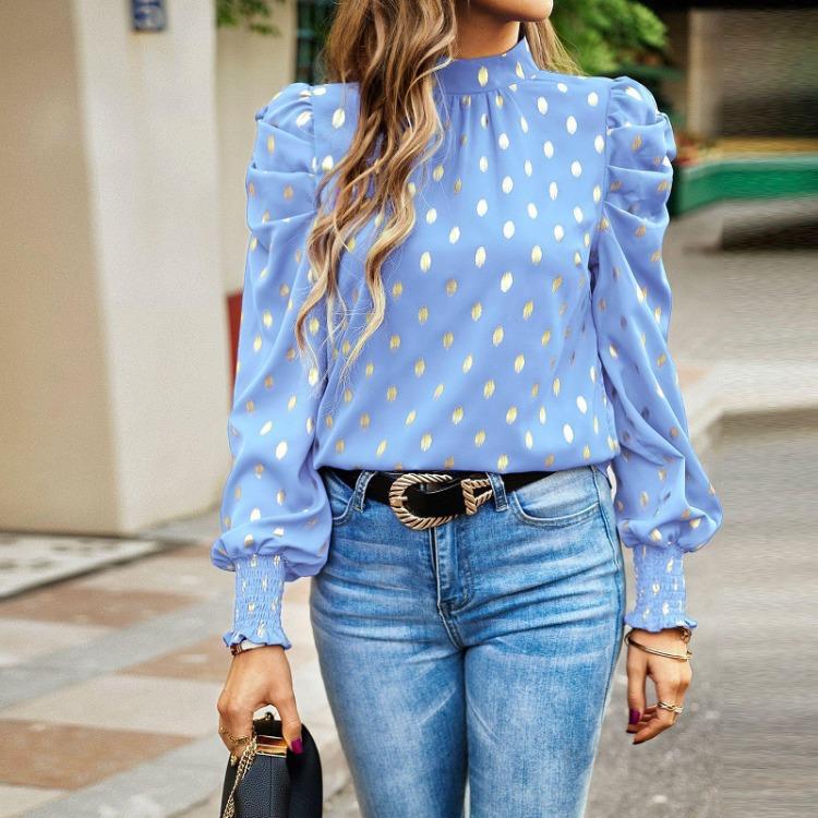 Women Loose Printed Blouses Long Sleeve Round Neck Commuting Autumn Winter