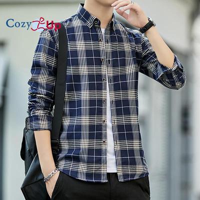 Plaid Shirt Men Summer Slim Fit Long-Sleeve Shirt for Male