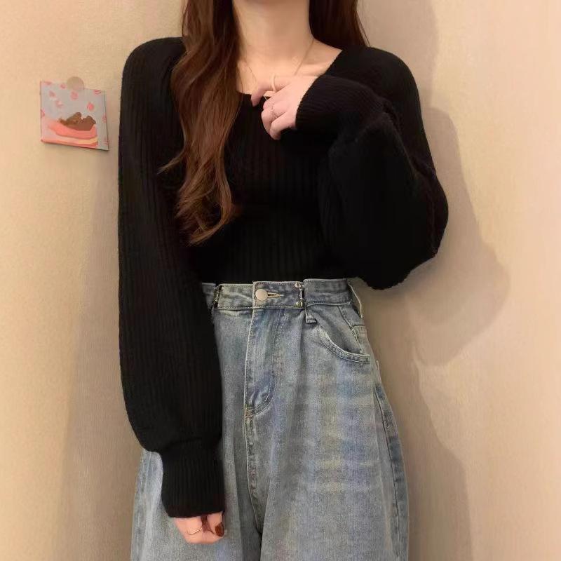Herbst Winter Französischer Quadratischer Ausschnitt Puffärmel Design Nische Layer Wear Quadratischer Ausschnitt Strick Basic Layer Pullover Damen Top