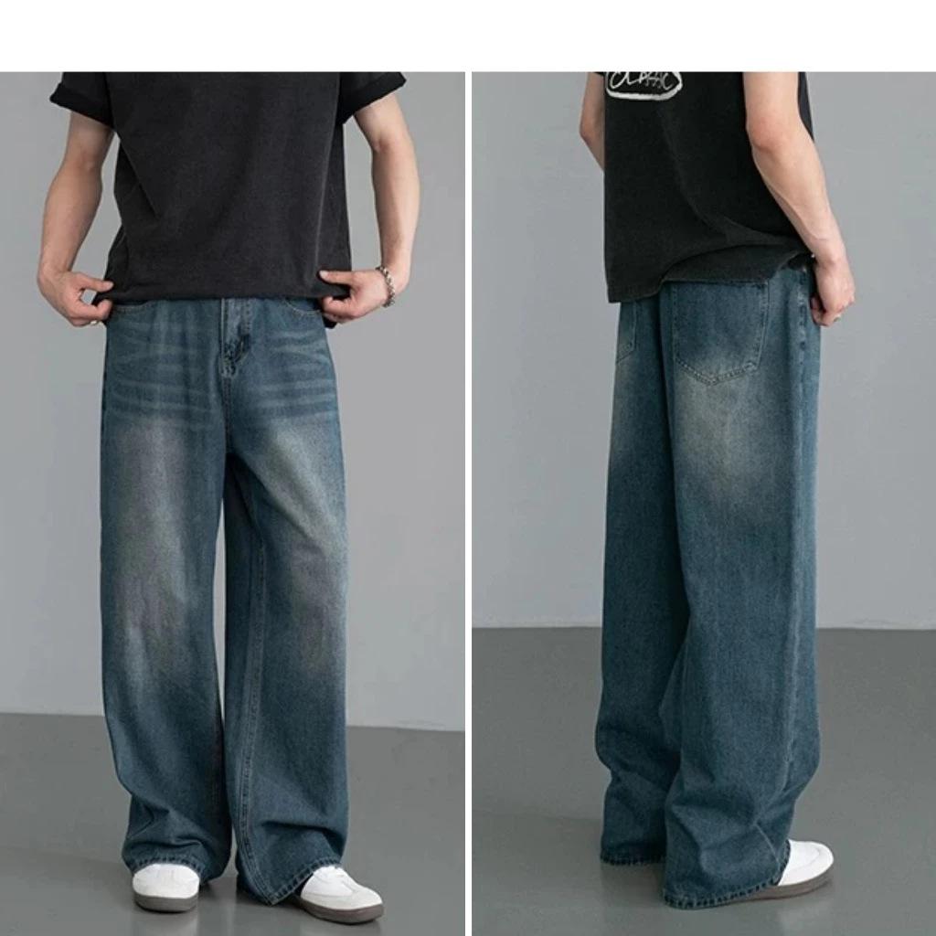 Men's Spring/Fall Washed, Distressed, Loose-Fit Wide-Leg Jeans; Youth Plus Size Retro Straight-Leg Pants
