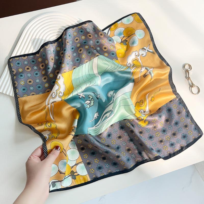 Spring New Chinese Plain Crepe Satin Printed Silk Scarf Women's Elegant Versatile Mulberry Silk Small Square Scarf