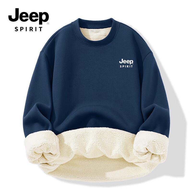 JEEP SPIRIT Men's American Retro Fleece-Lined Crewneck Sweatshirt