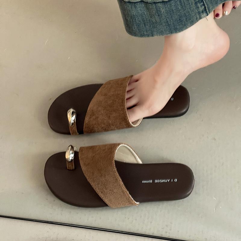 Strass Koreanische Version Nische Ein-Wort-Set Zehenslipper Damen Sommer Retro Mode Flachboden-Sandalen Atmungsaktive Lässige Coole Slipper