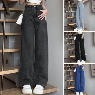 Calça Jeans Feminina Cintura Alta Botão Zíper Fechamento Vintage Solto Bolsos Reto Perna Larga Calça Streetwear Uso Diário Calças Compridas