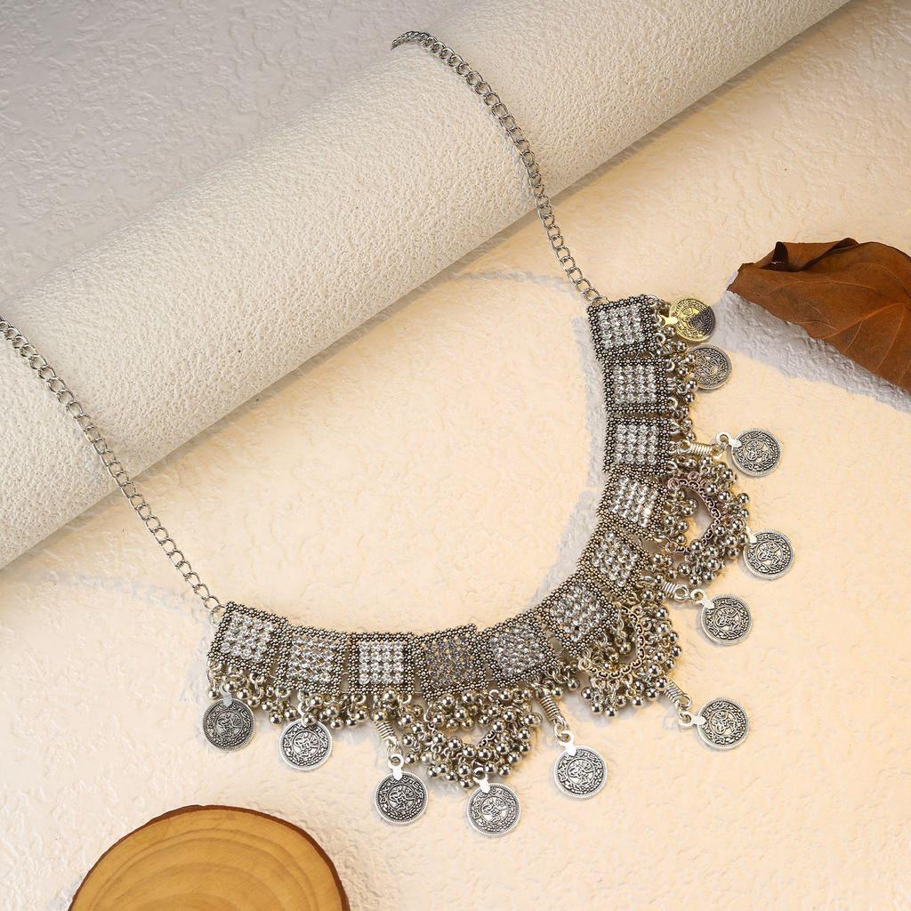 Bohemian Exotic Rhinestone Tassel Necklace & Earrings Set In Antiqued Alloy