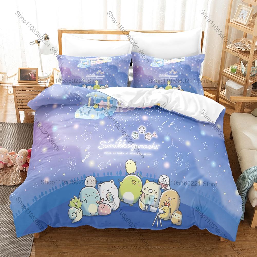 Sumikkogurashi Printed Bedding Set, Duvet Cover plus 2 Pillowcases, Adorable Cartoon Style Soft Microfiber Textiles