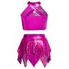 Mädchen Jazz Tanzkostüm Überkreuztes Schlüsselloch Glänzende Pailletten Metallic Crop Top Asymmetrischer Rock Performance Outfit