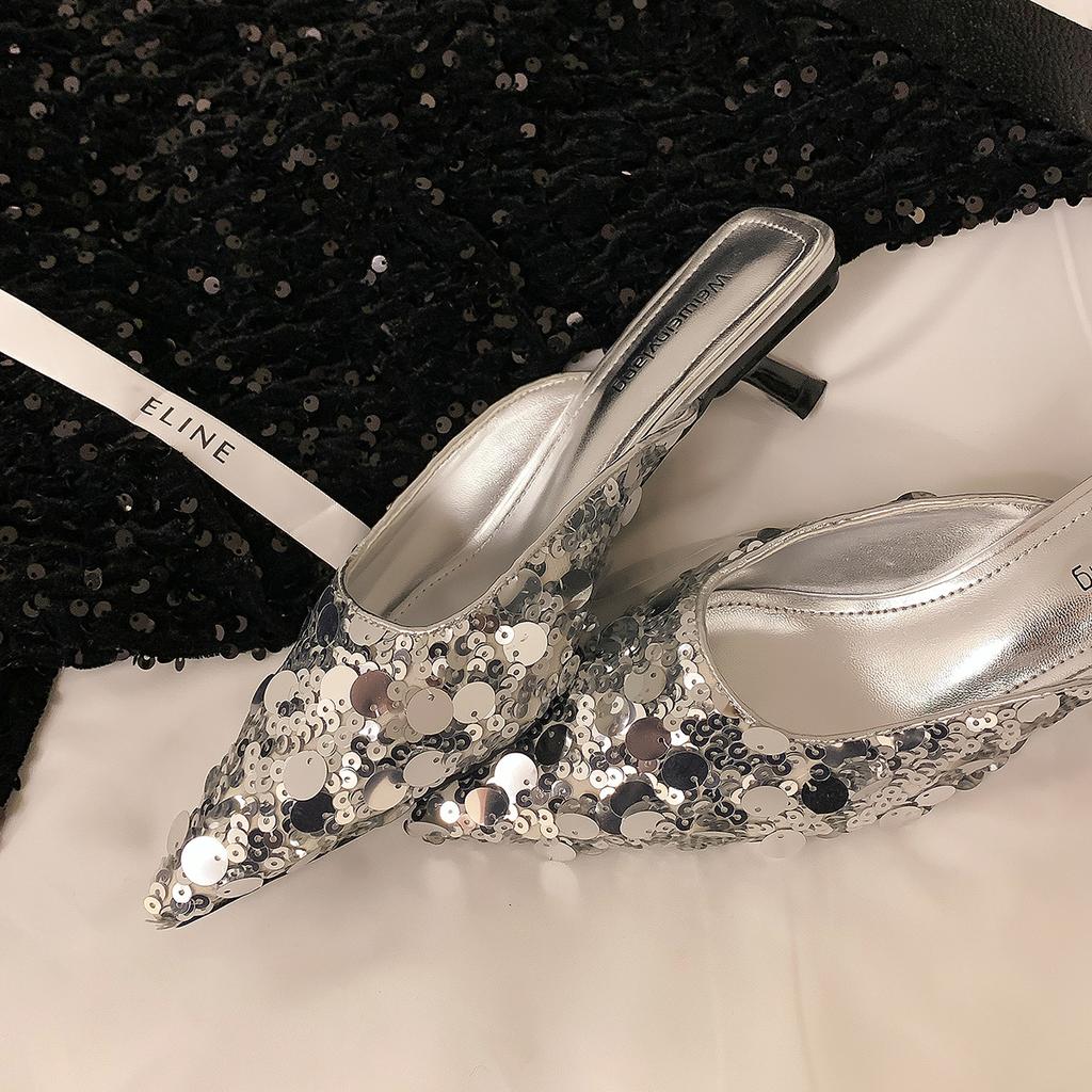 Pointed high heels women's summer sequins pointed stiletto one pedal bag head half slippers