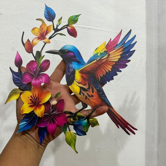 Hummingbird Bloom Metal Wall Art Colorful Floral Bird Wall Decor Iron Hanging Sculpture for Outdoor Indoor Garden Patio Fence Wall Decoration