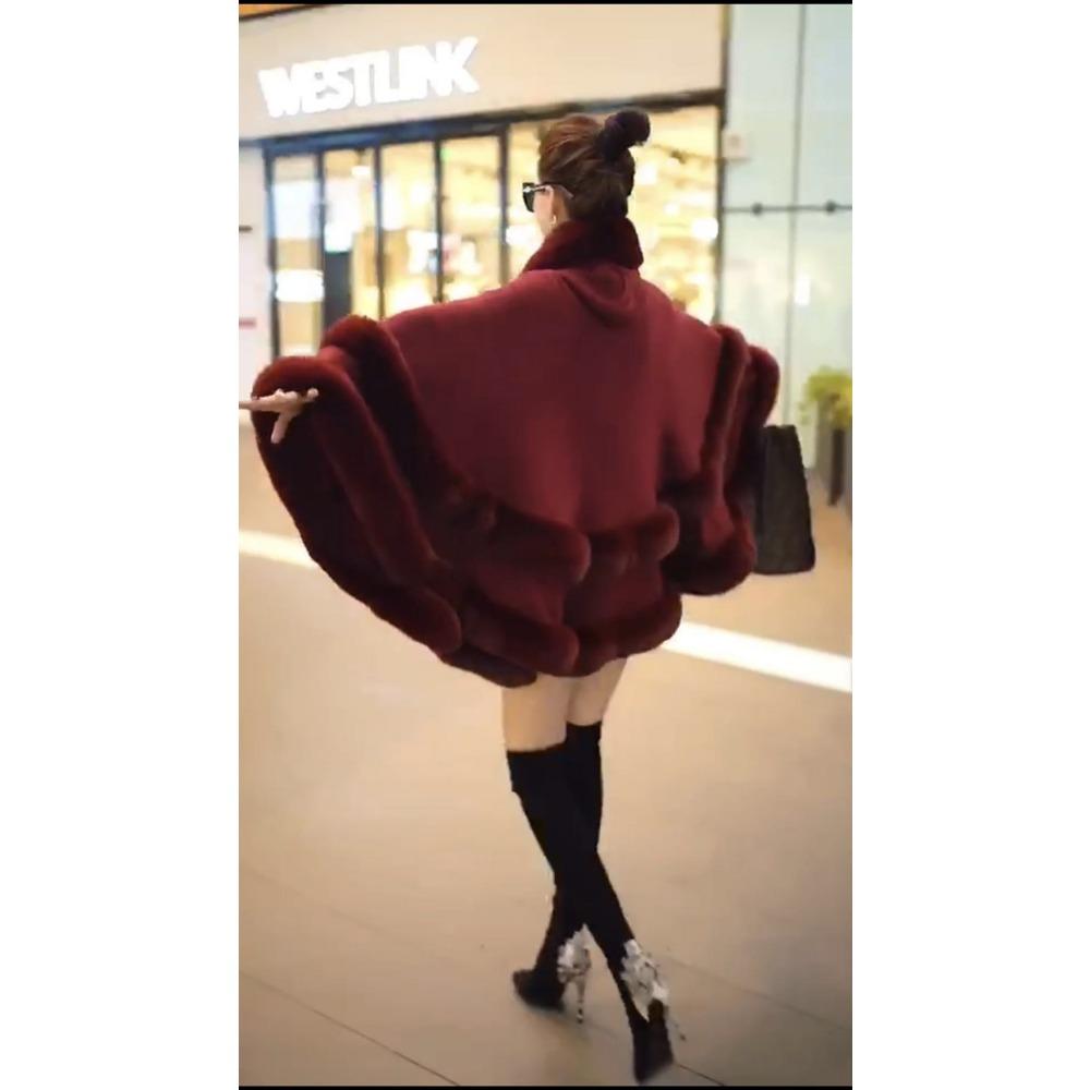 Women's Coat Autumn and Winter New Large Size Imitation Fur Collar Shawl Fur Hooded Knitted Cardigan Shawl Cape Jacket