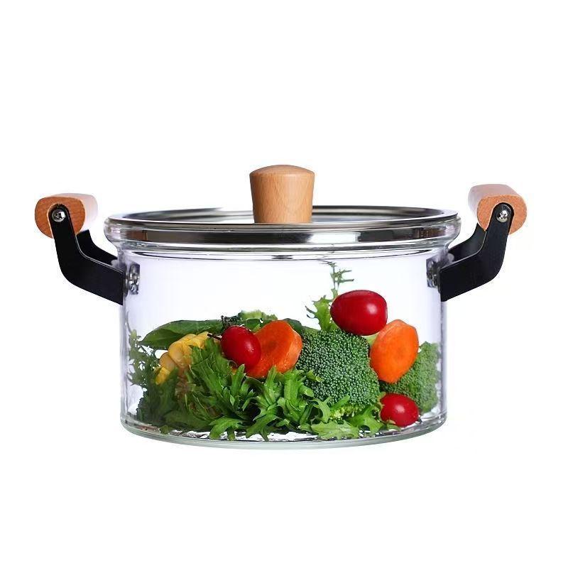 High Borosilicate Glass Soup Pot with Lid for Electric Stoves, Transparent Double Ear, Wood Handle.