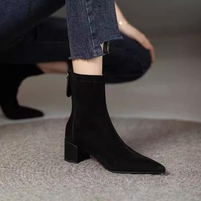 Designer Black Women Modern Ankle Boots Fashion Pointed Toe Short Booties Ladies Casual Thick Heel Shoes
